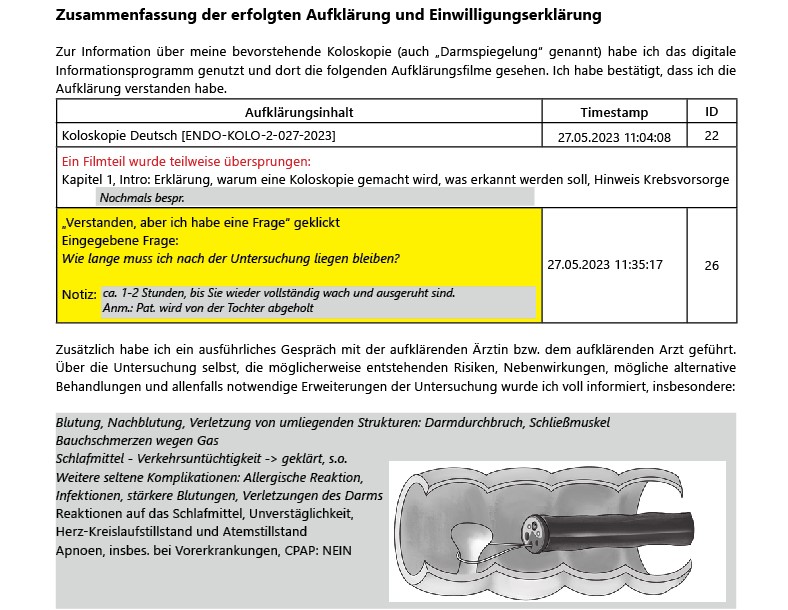 Screenshot: Zusammenfassung der digitalen Aufklärung für den Arzt (eine *.pdf-Datei, die digital weiterbearbeitet werden kann)